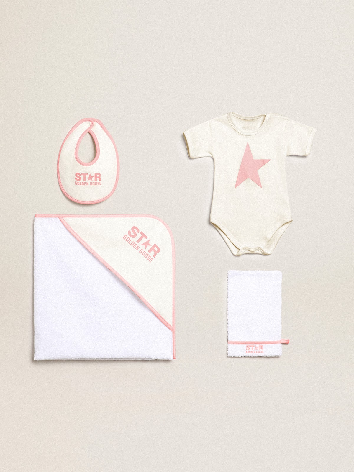 Gift set in white with pink trim and logo
