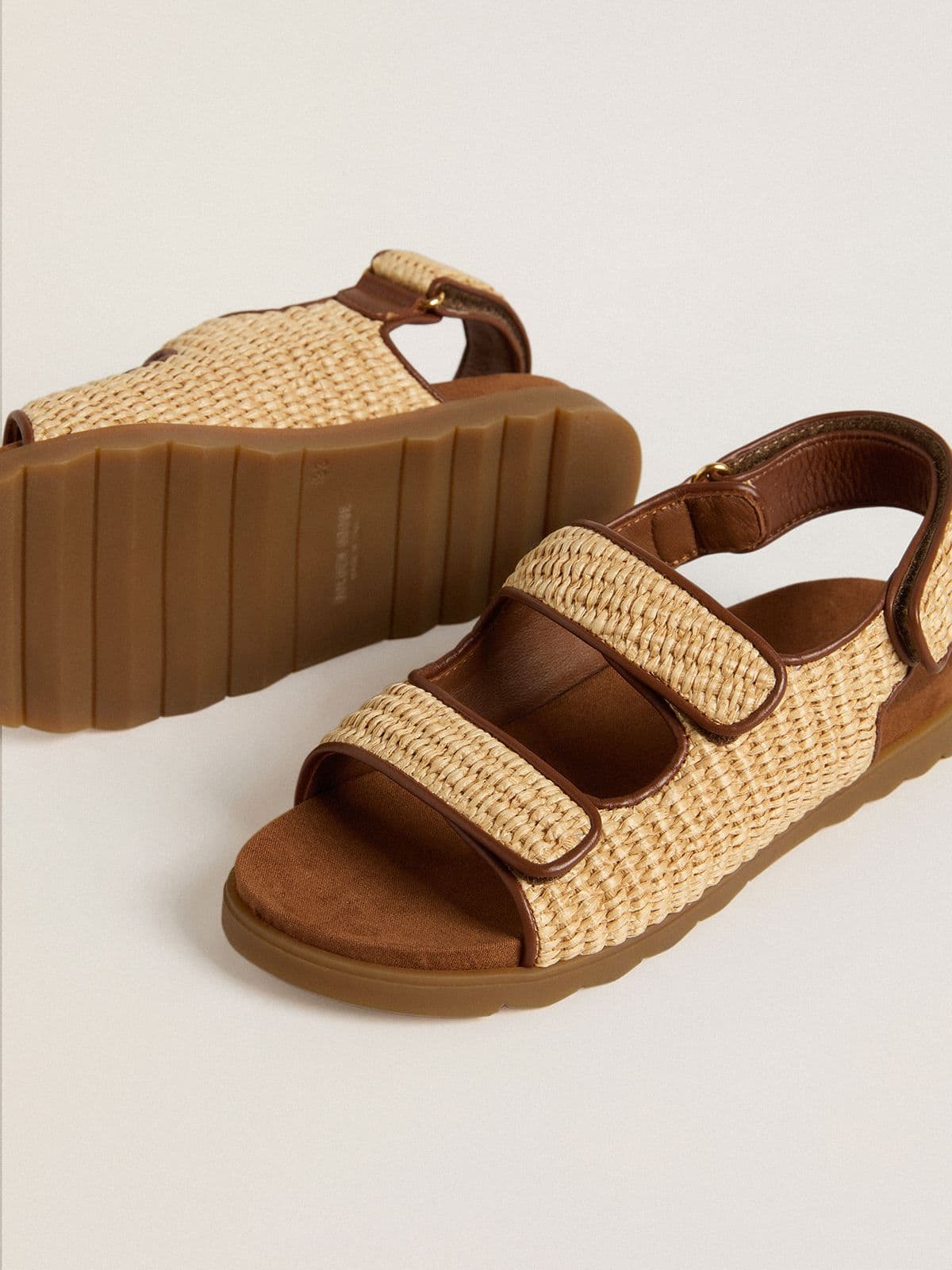 Junior Noa sandals in beige raffia and brown leather
