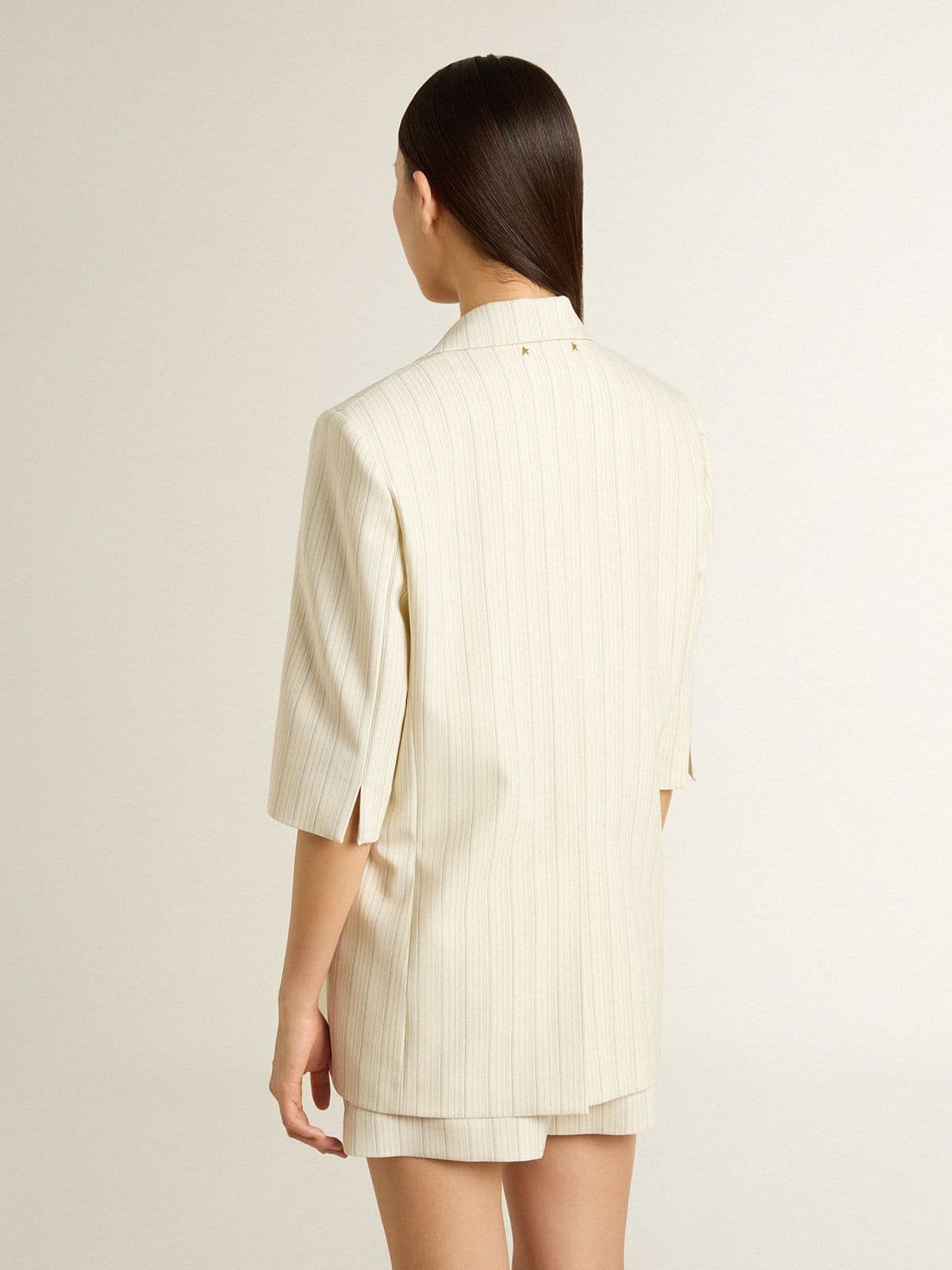 Women's blazer in white and gray pinstripe wool blend with short sleeves
