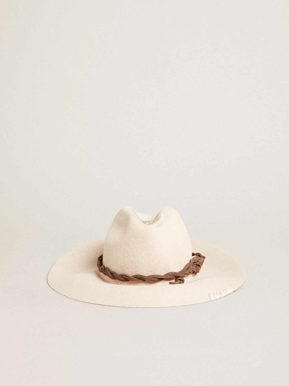 Parchment-colored fedora hat with leather band