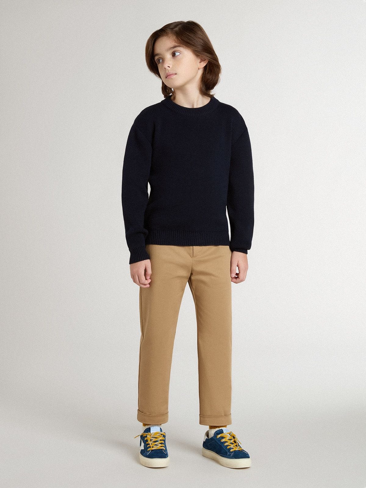 Boys’ blue crew-neck sweater with 'Golden' lettering on the back