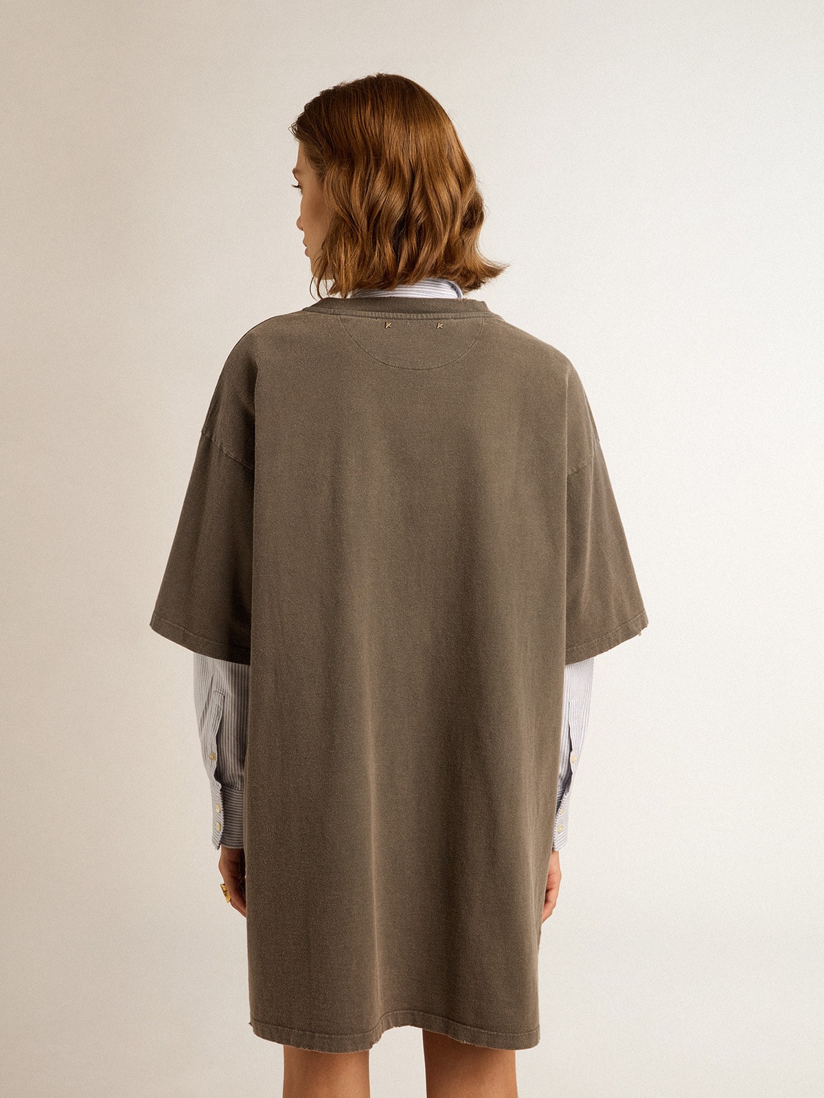 Women's gray T-shirt dress with distressed treatment