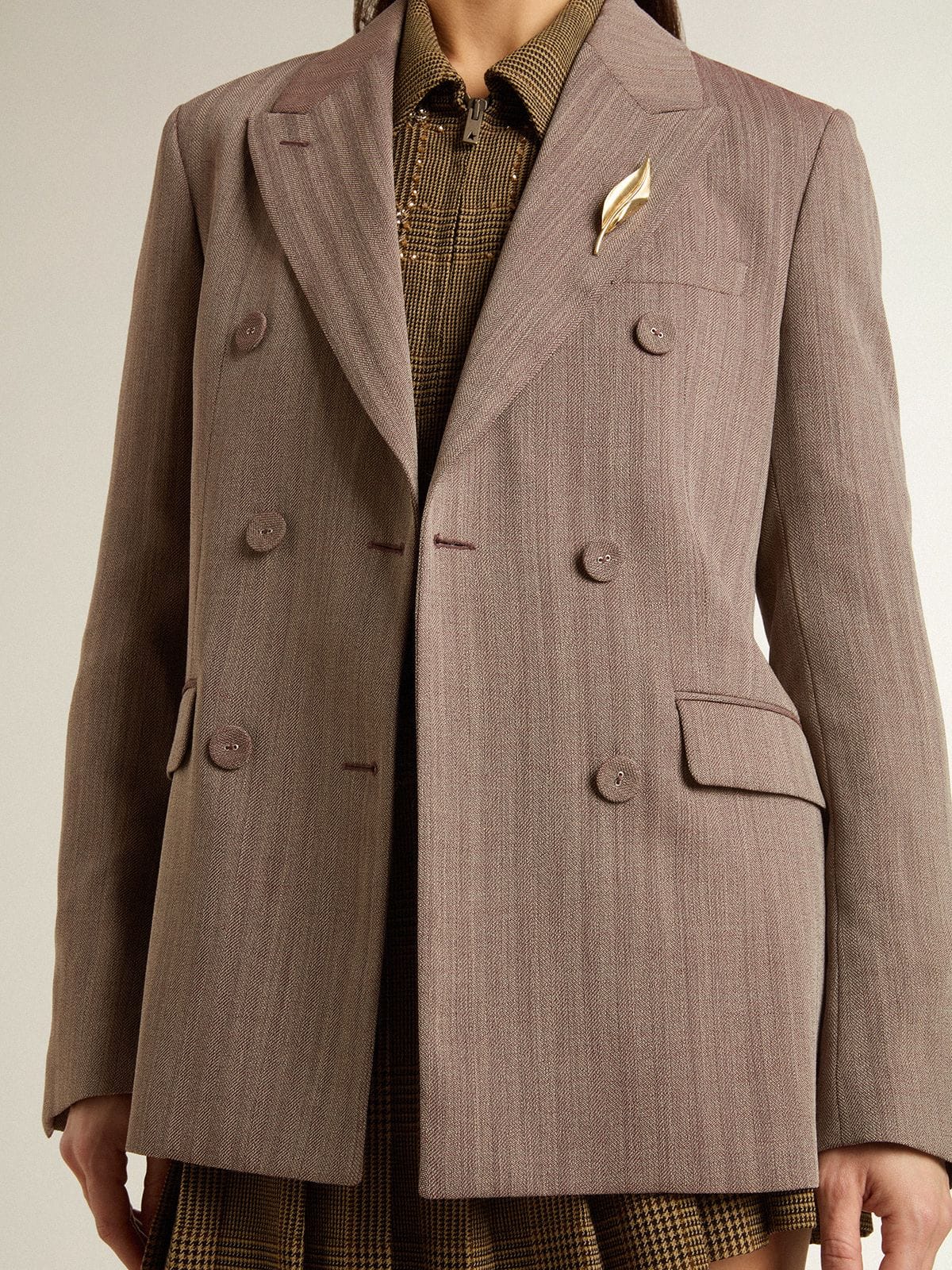 Women's double-breasted blazer in beige chevron wool blend