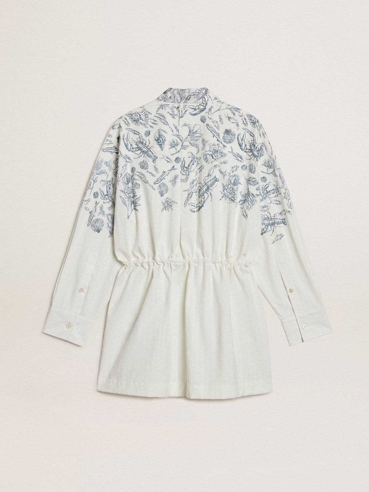 Women's short shirt dress in white striped cotton with a blue marine print