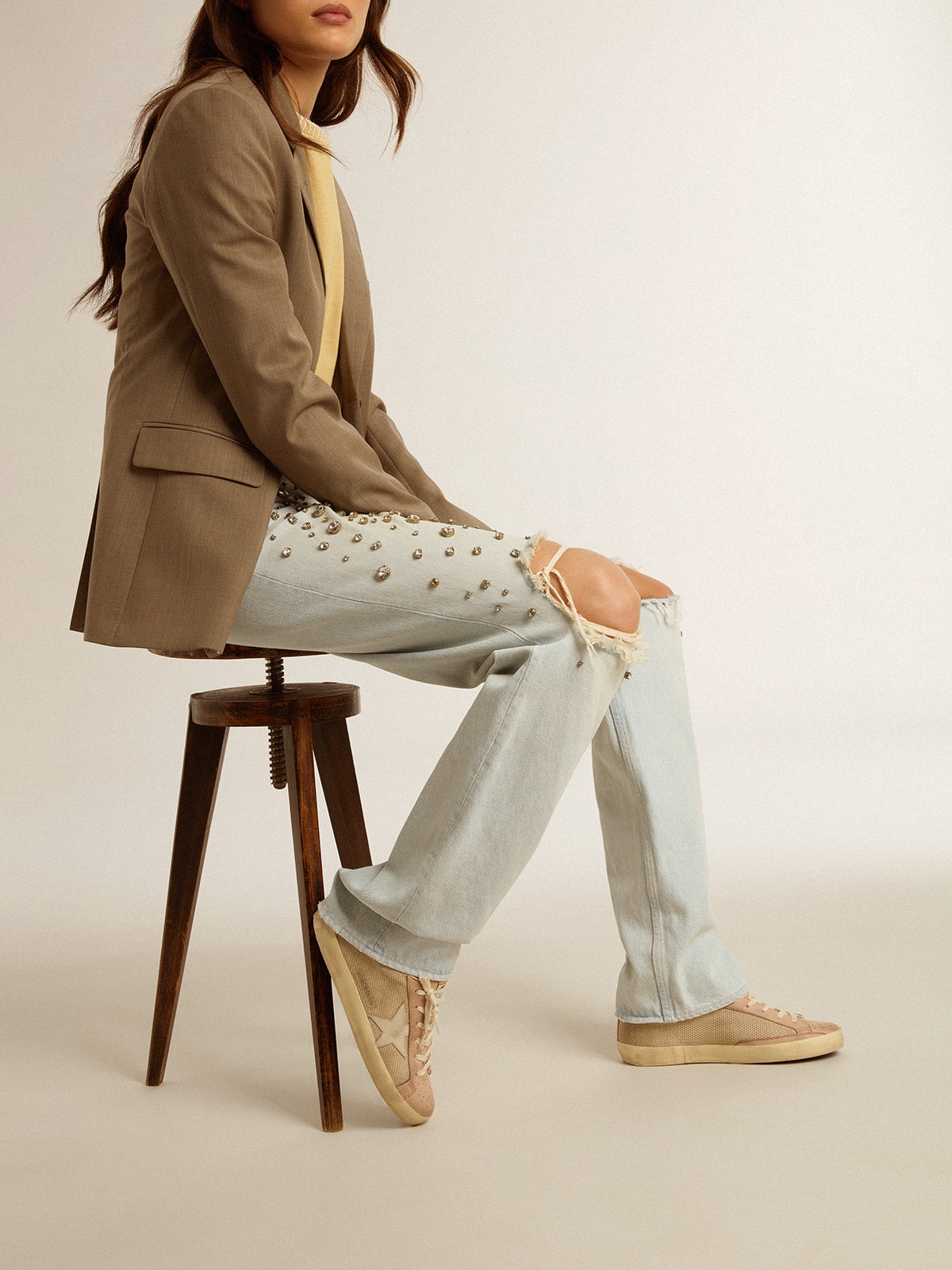 Super-Star LTD in white mesh and pink nubuck with Swarovski crystals heel tab