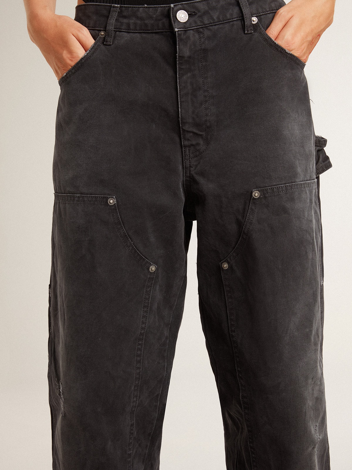 Women's distressed black cotton jeans with front patches