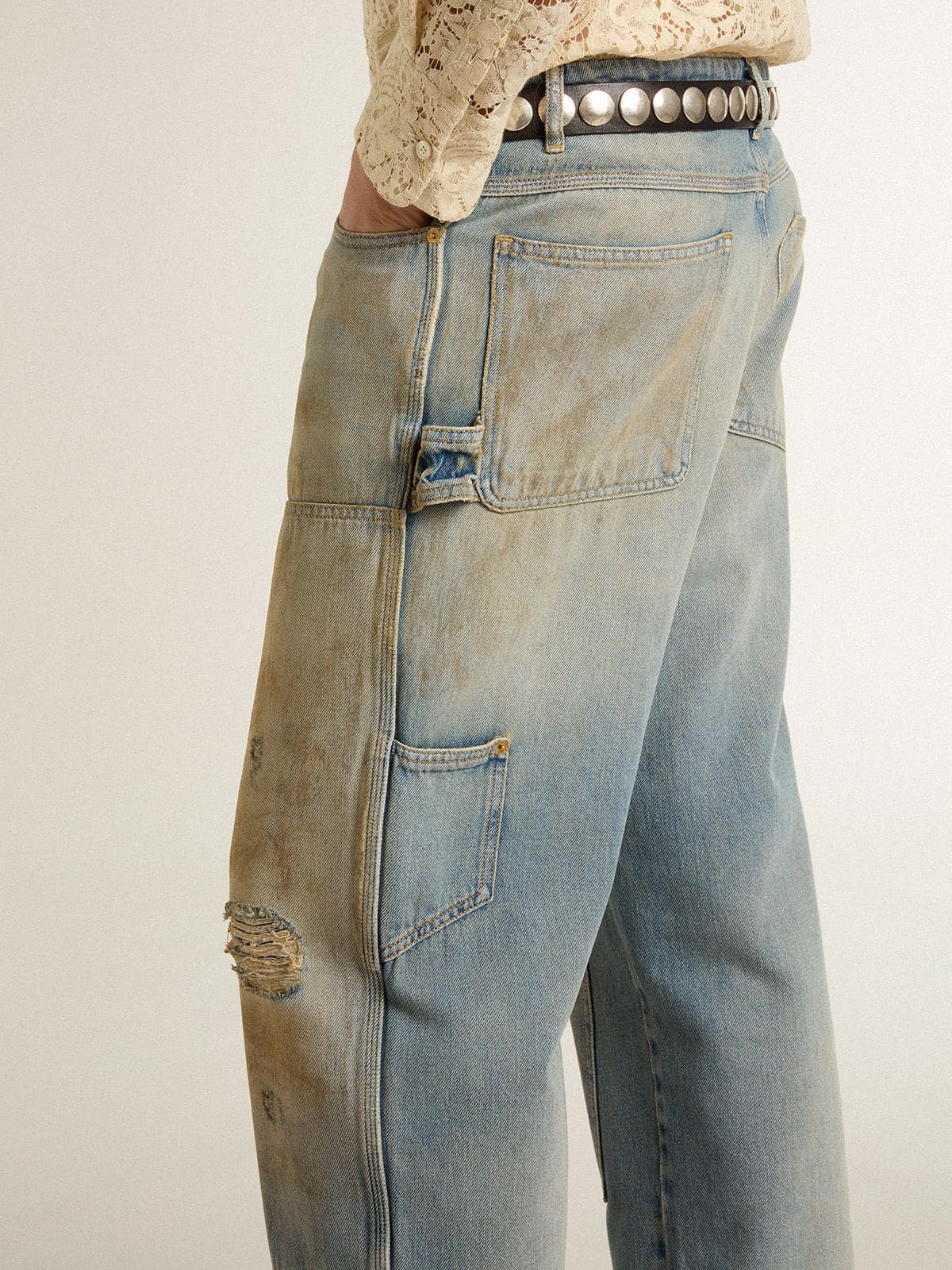 Men's distressed sand-washed jeans