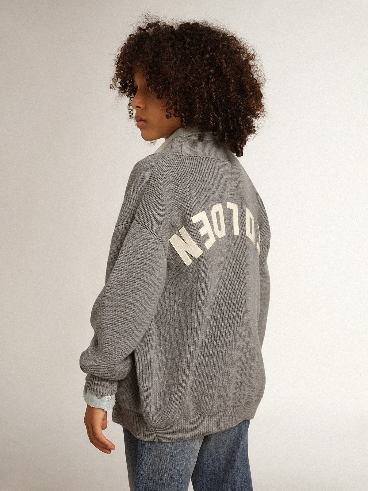 Gray cotton cardigan with logo on the back