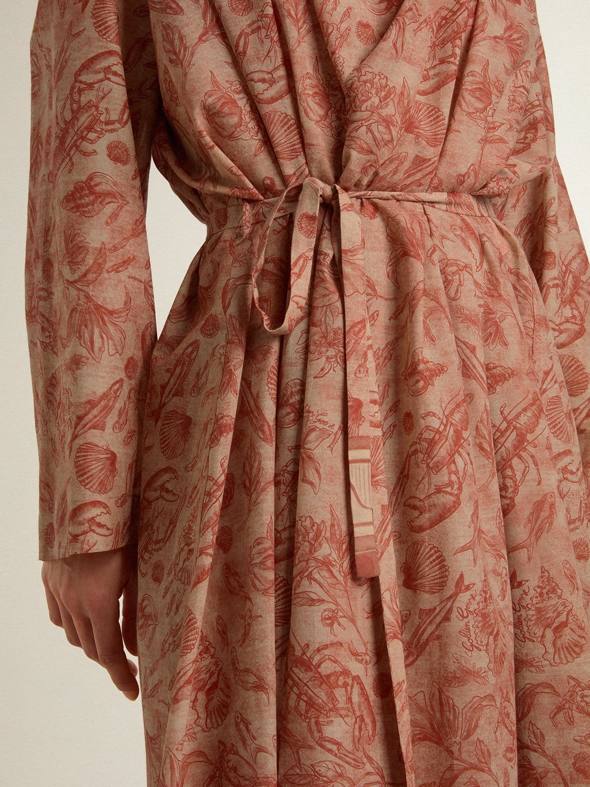 Women's kaftan in cotton voile with all-over brick-red marine print