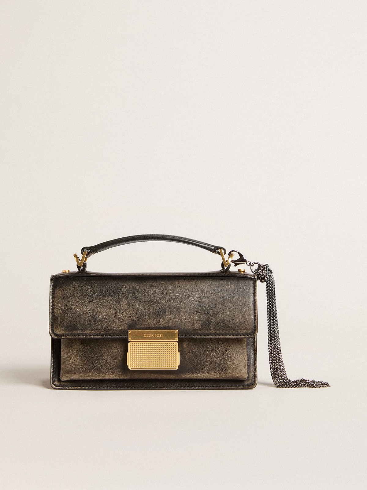 Small Venezia Bag in black distressed leather with gold details