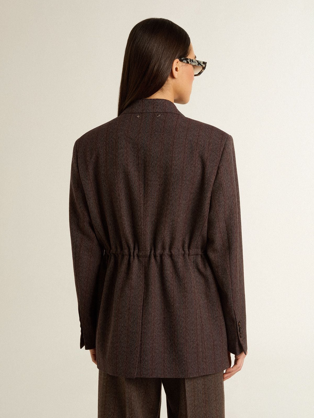 Women's double-breasted blazer in dark brown wool with thin stripe pattern
