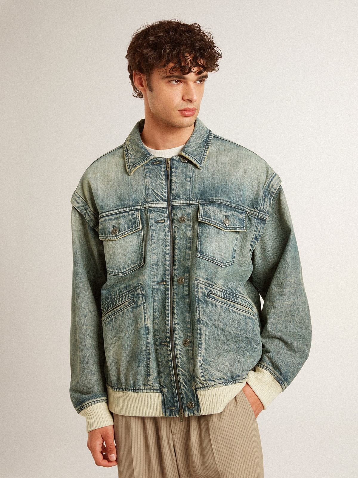 Men's washed denim jacket with wool blend ribbing
