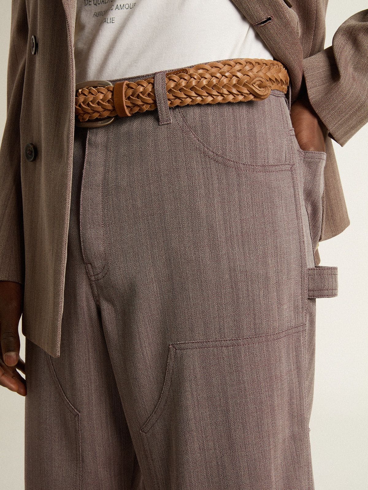 Men’s wool blend pants in light brown micro chevron