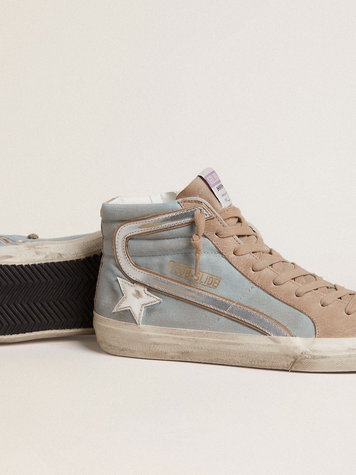 Men's Slide in light blue canvas with silver metallic leather flash