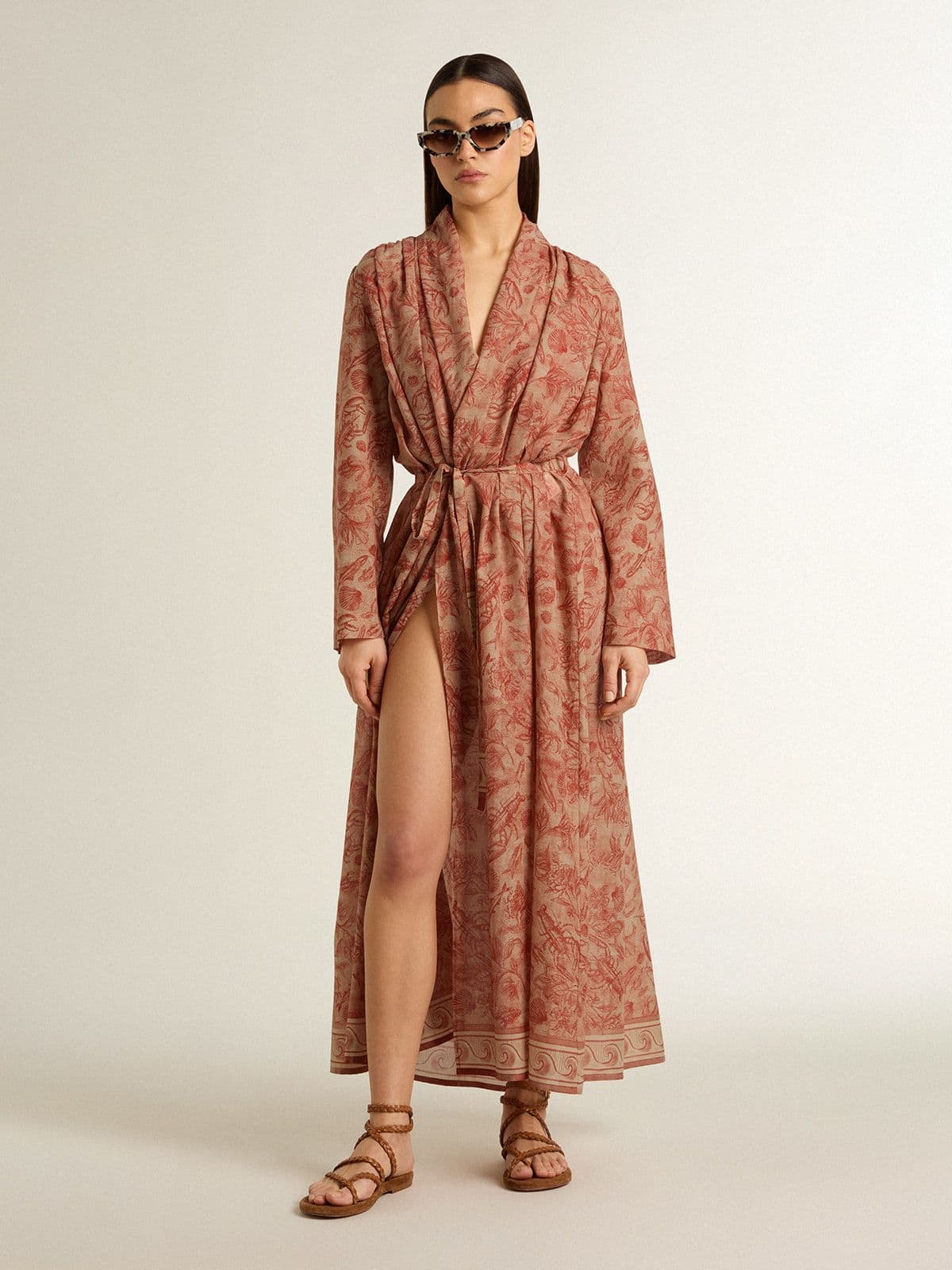 Women's kaftan in cotton voile with all-over brick-red marine print