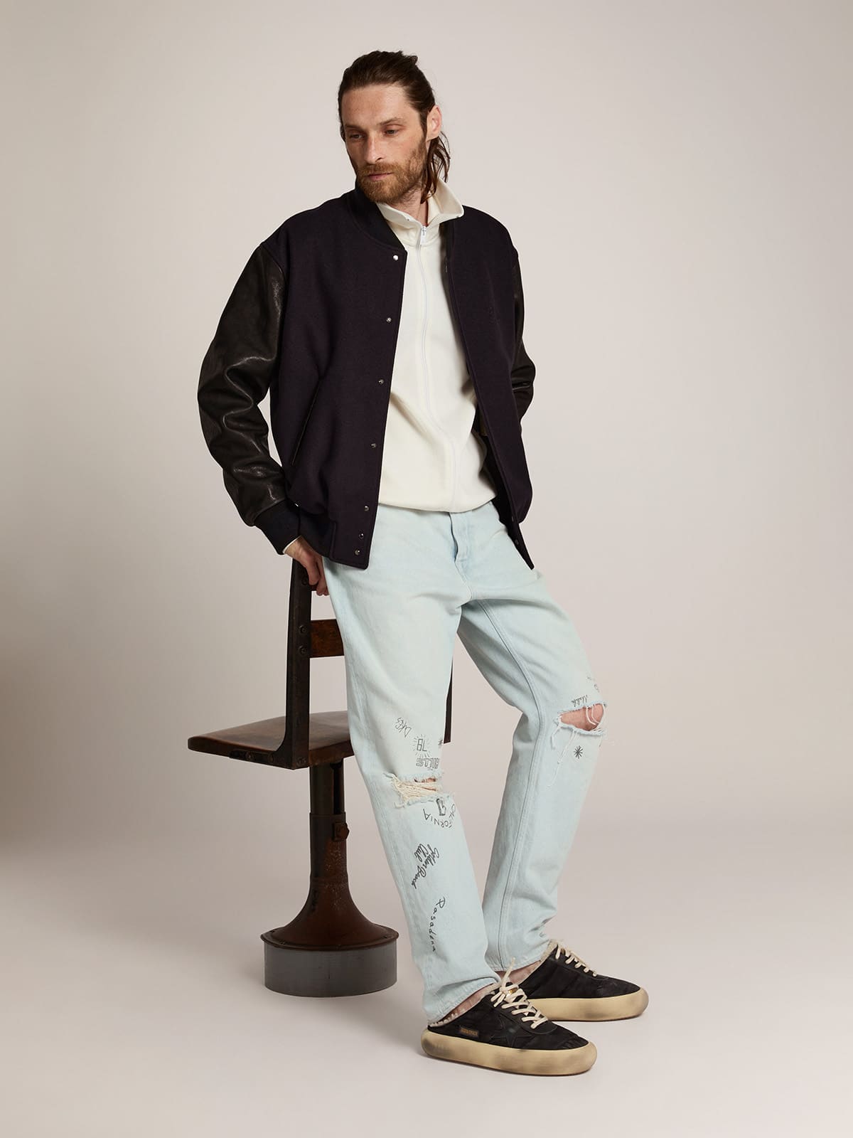 Men's Space-Star Sabot shoes in quilted black nylon with shearling lining