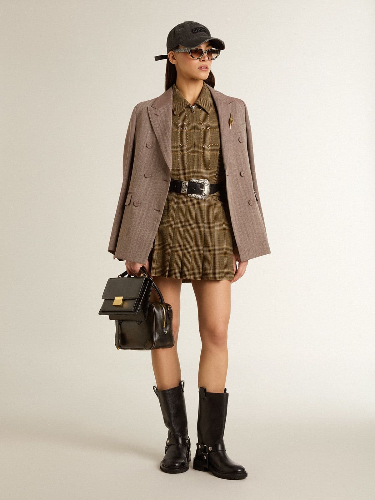 Women's double-breasted blazer in beige chevron wool blend