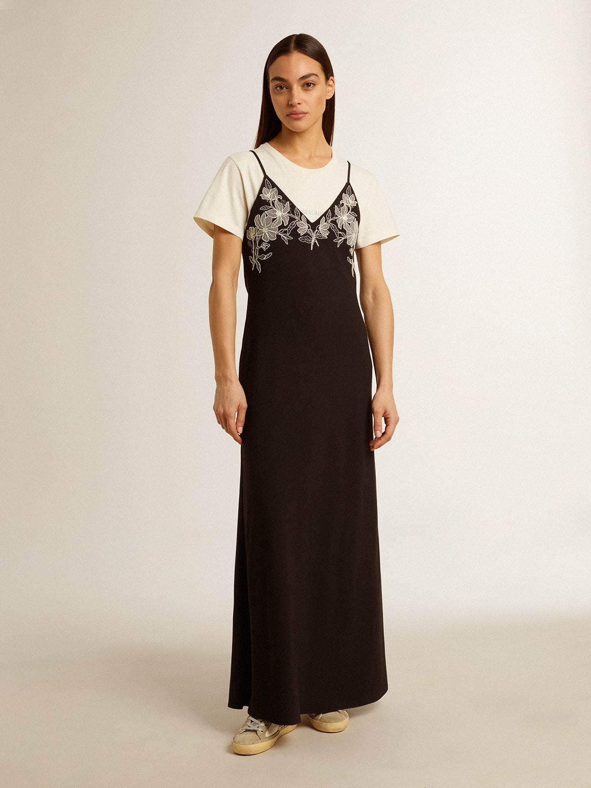 Women’s black slip dress with embroidery