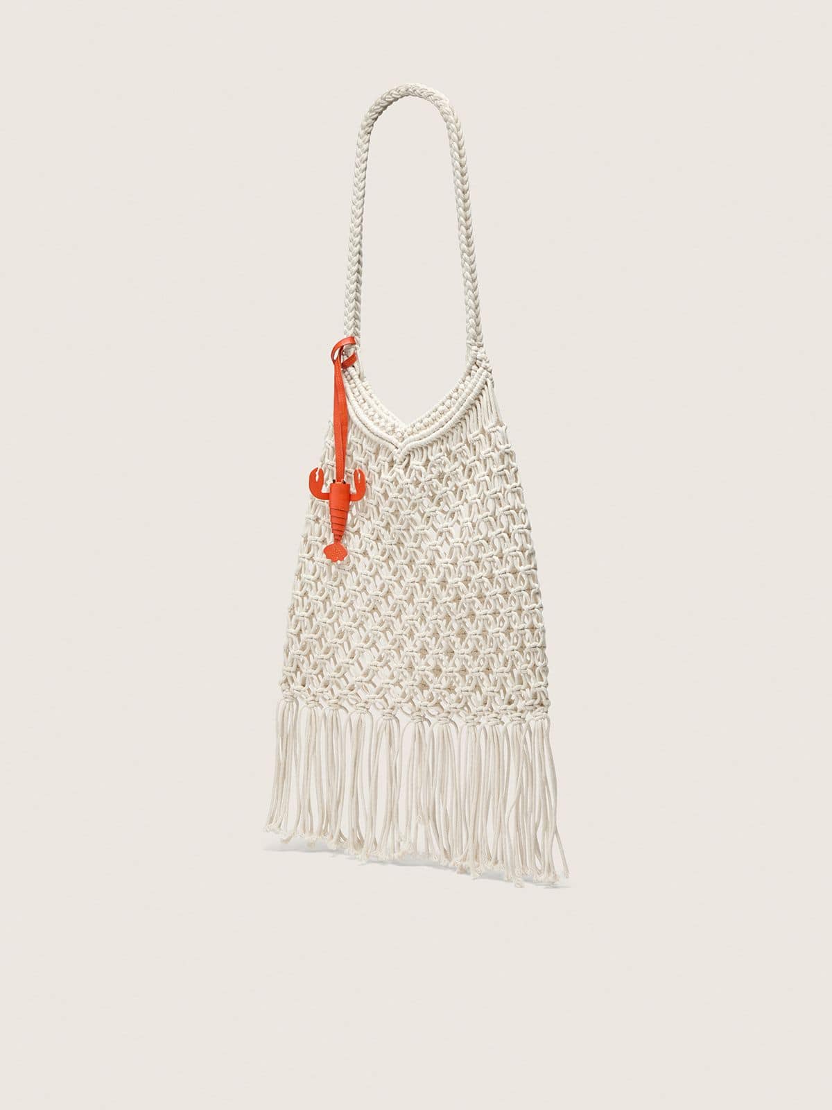 Women's macramé bag in butter-colored cotton with a leather lobster charm