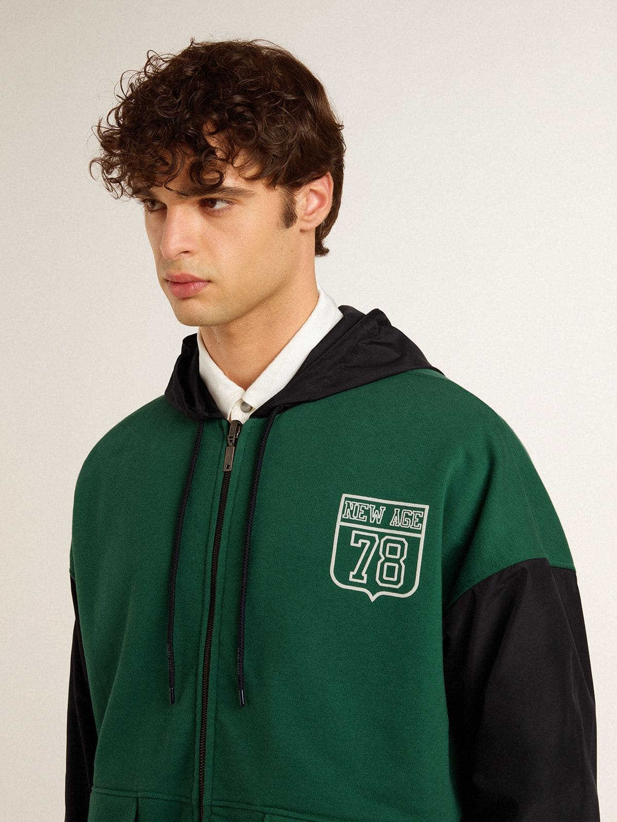 Men's green and blue reversible hooded sweatshirt
