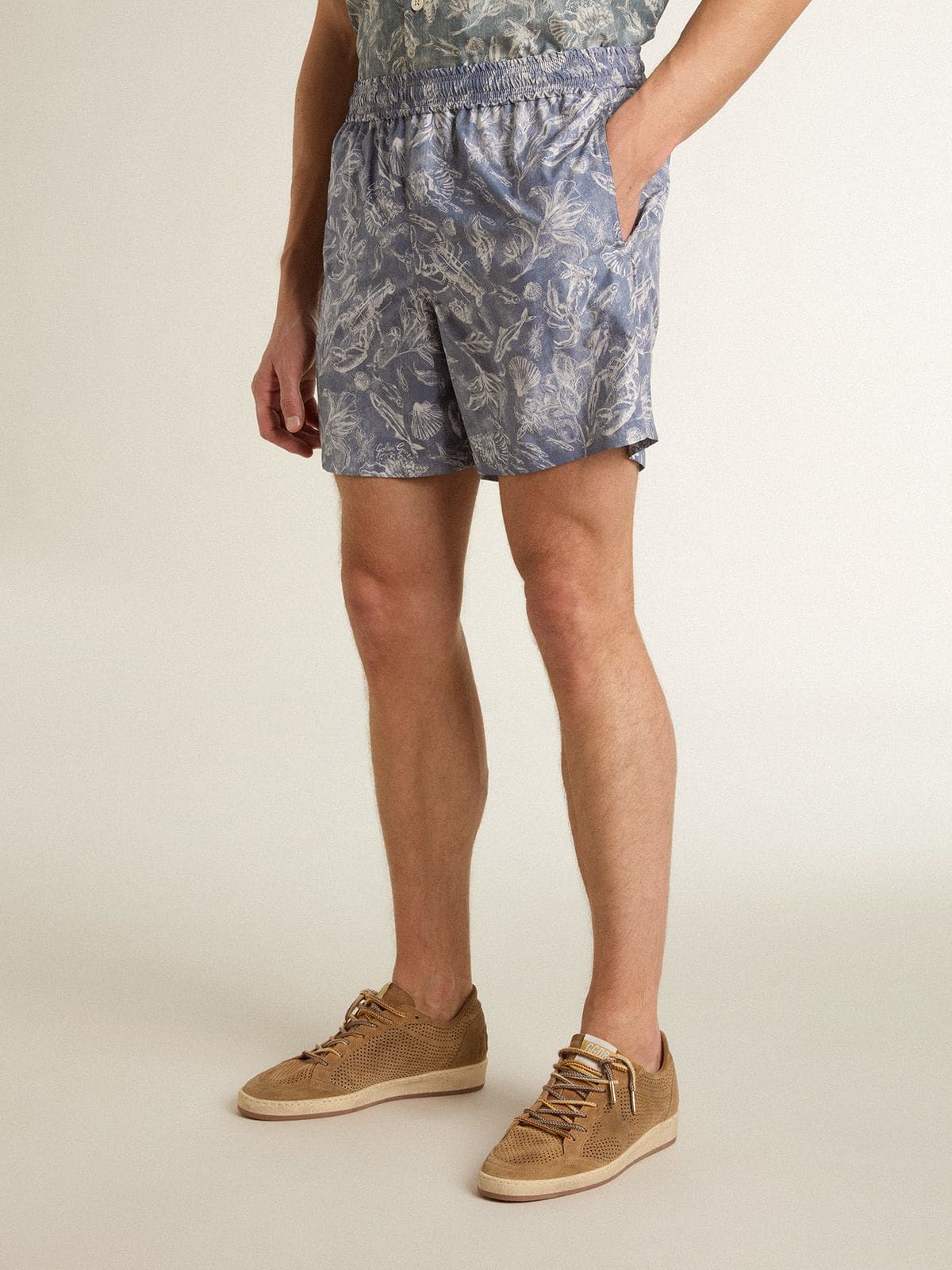 Men's boxers with light blue and white marine print