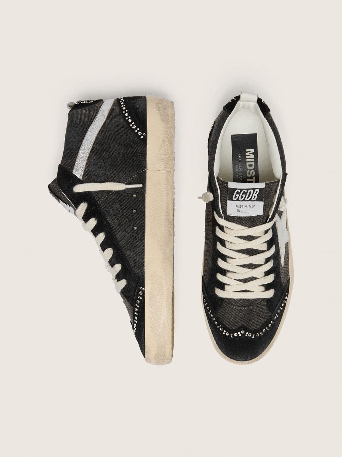 Mid Star LTD in black denim with suede inserts with Swarovski crystals