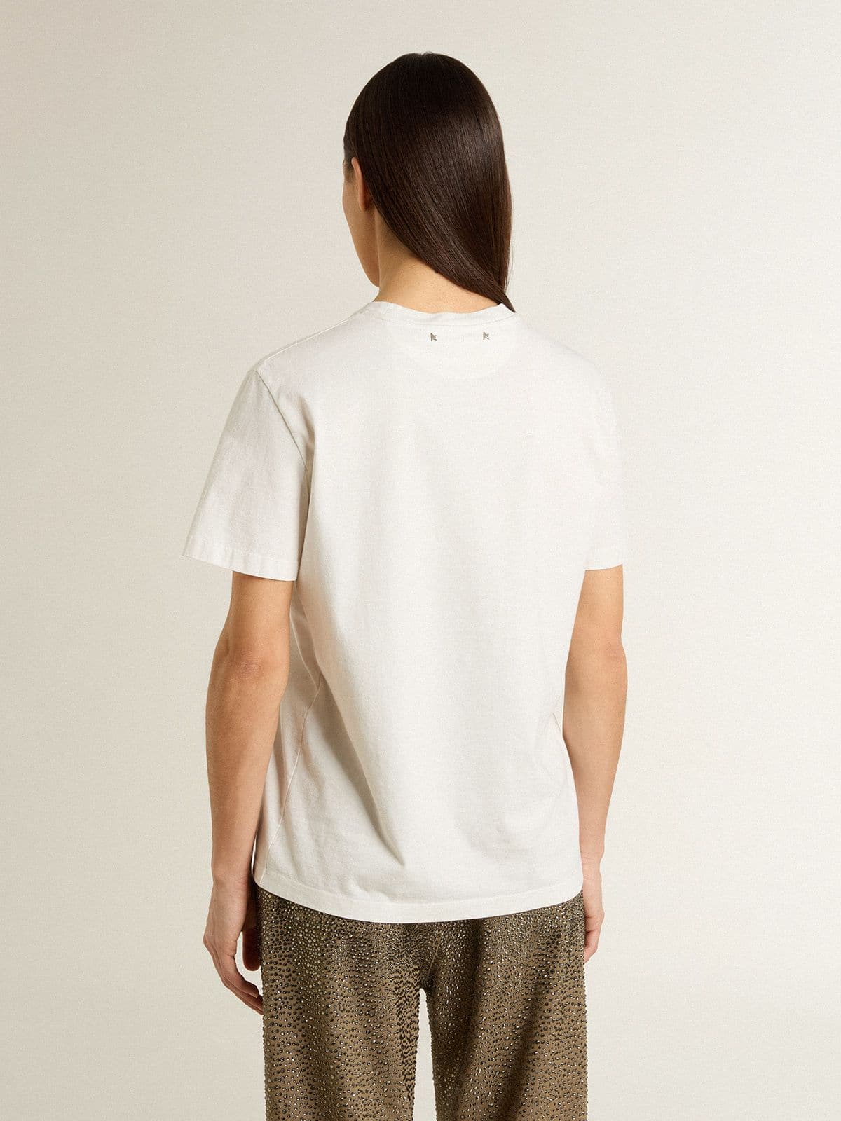 Women's white T-shirt with black print on the chest