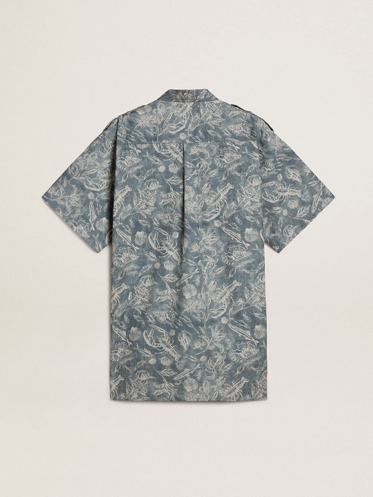 Women's short shirt dress in light blue cotton poplin with all-over marine print