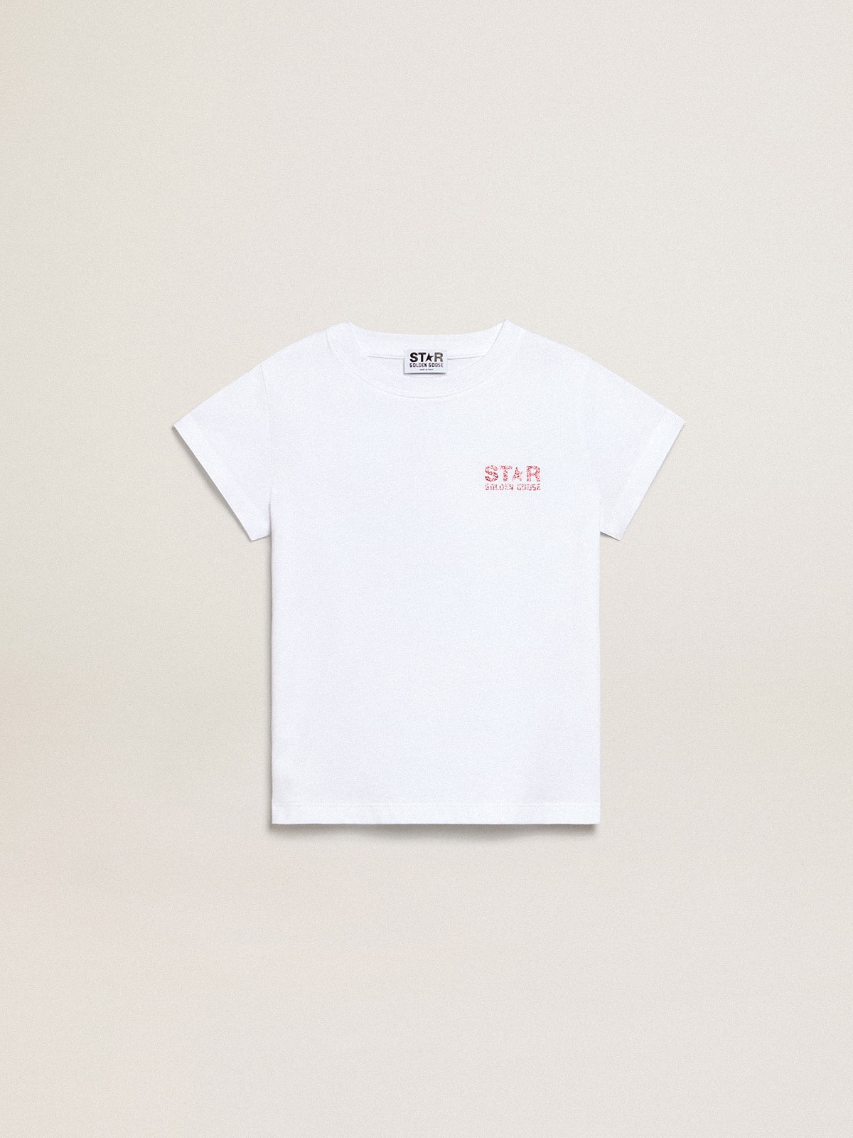 Girls’ white T-shirt with pink glitter logo and maxi star