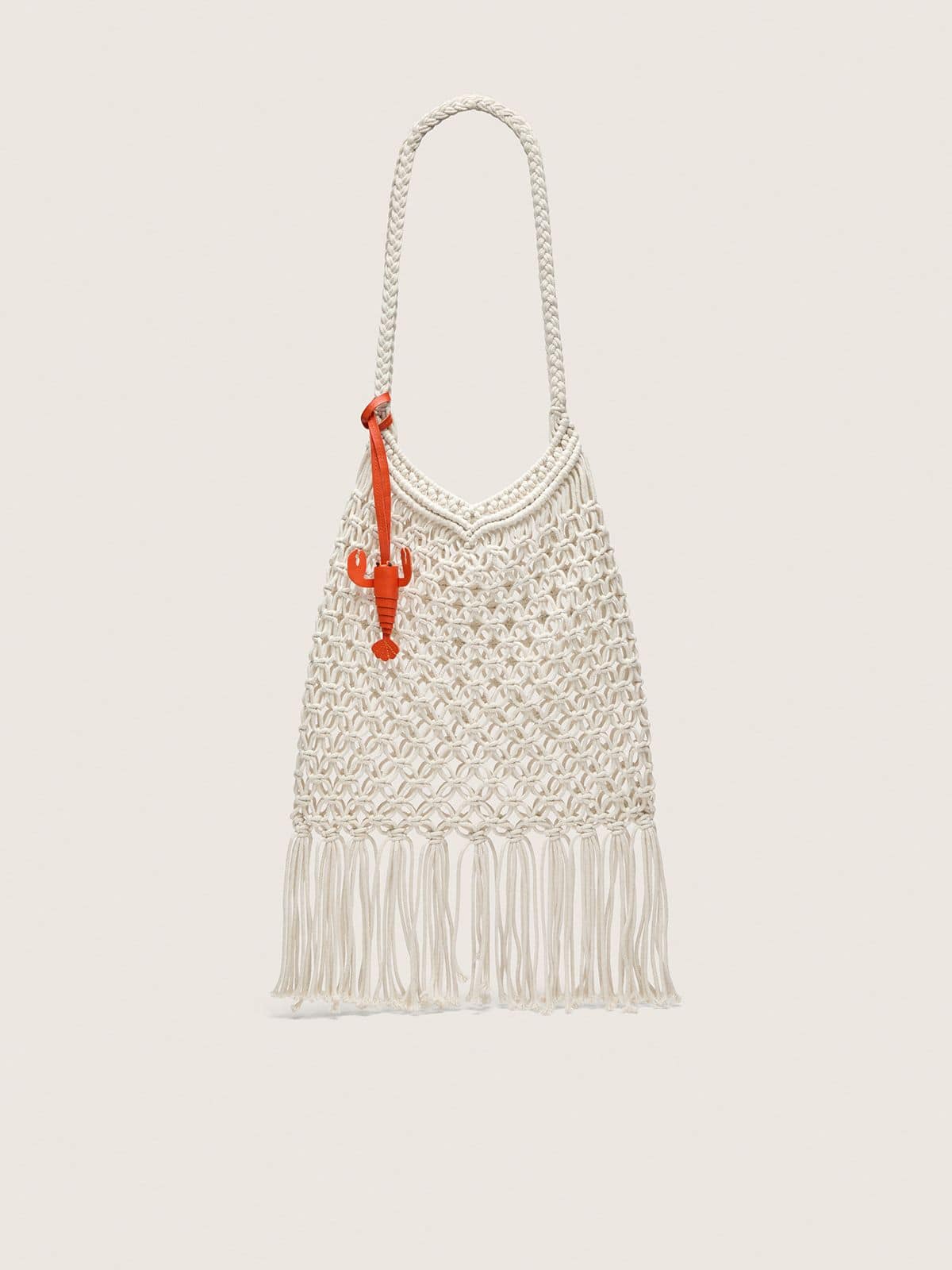Women's macramé bag in butter-colored cotton with a leather lobster charm