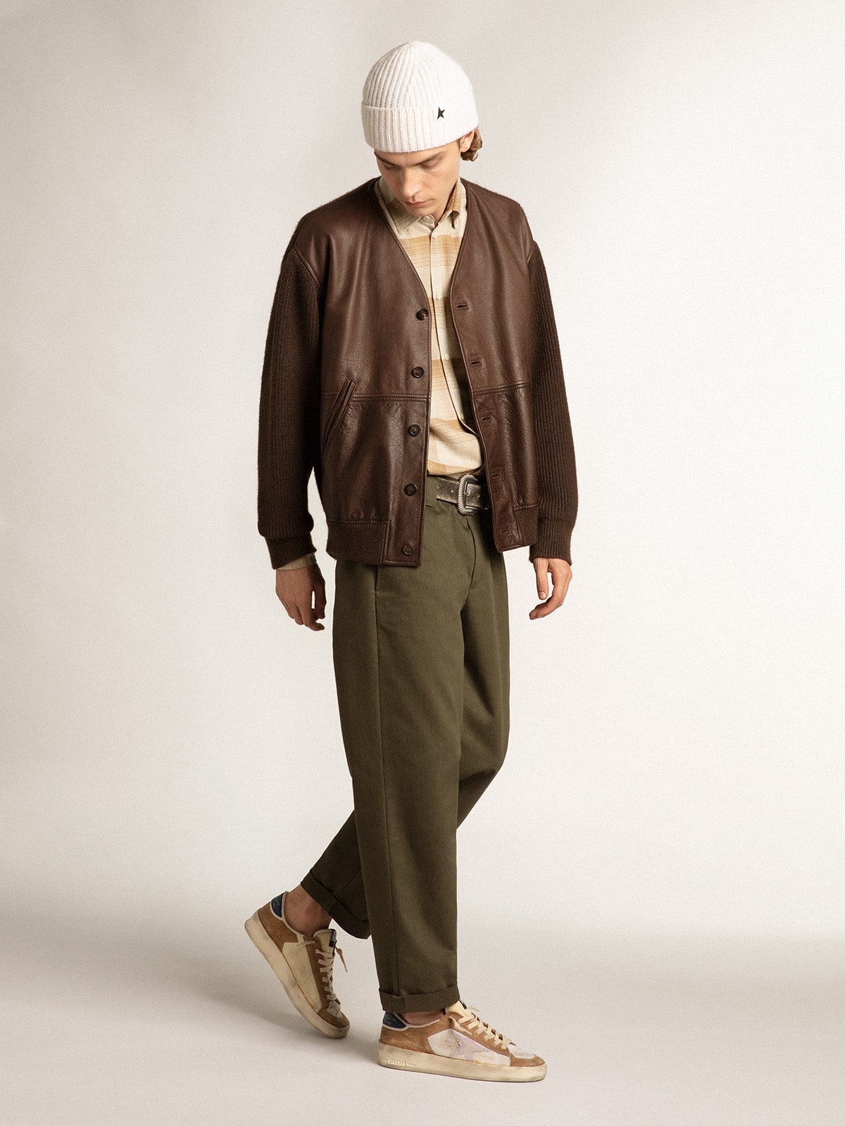 Stardan in beige nylon and mesh with tobacco suede inserts