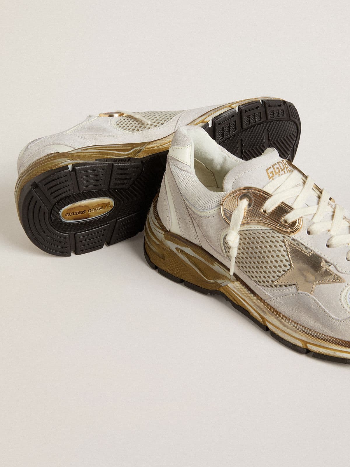 Women's Dad-Star in mesh and white suede with gold foiled star