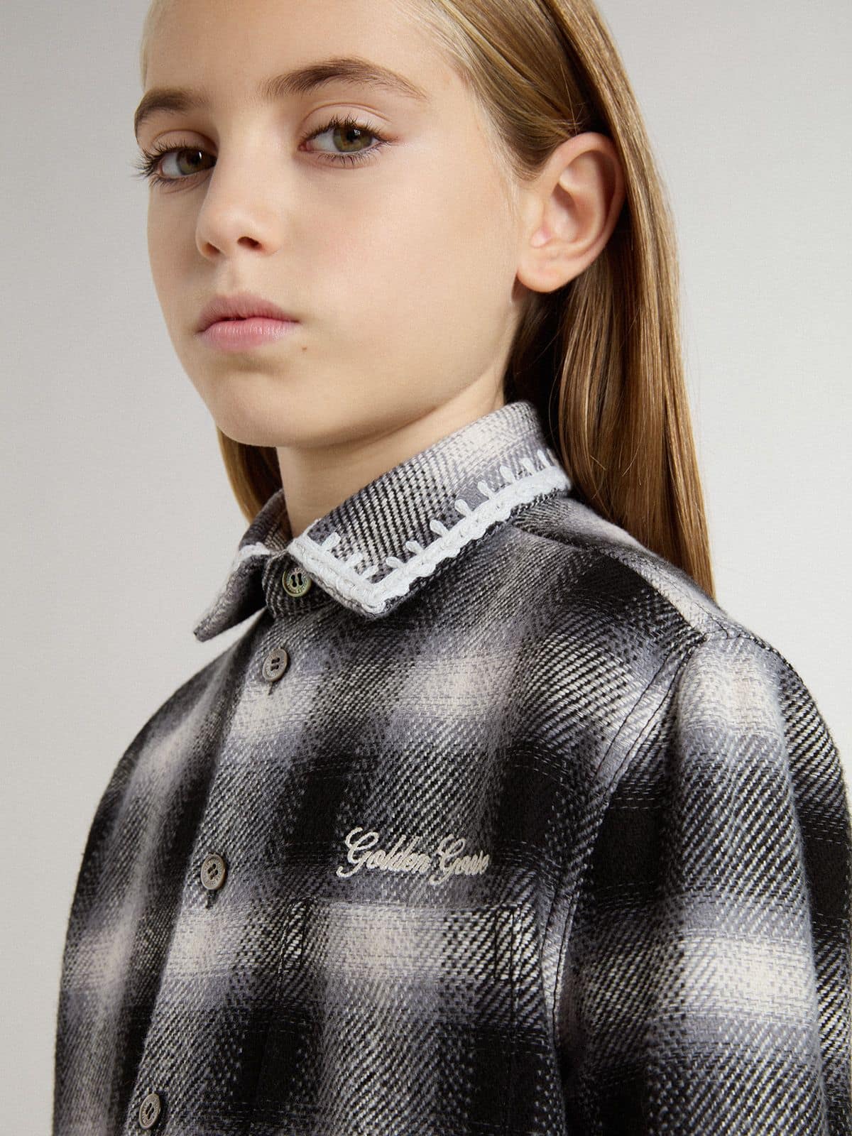 Kids' black and white checked shirt with white embroidery