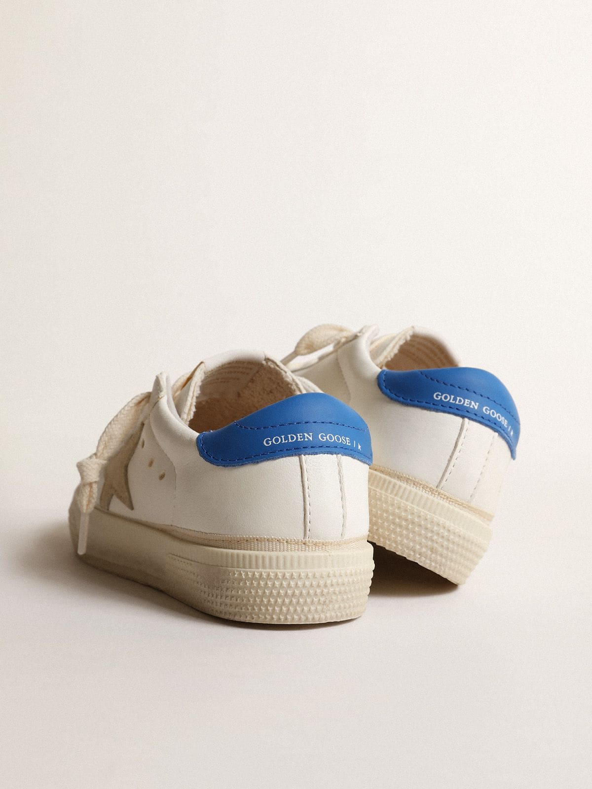 White May Teen with gray suede star and blue heel tab