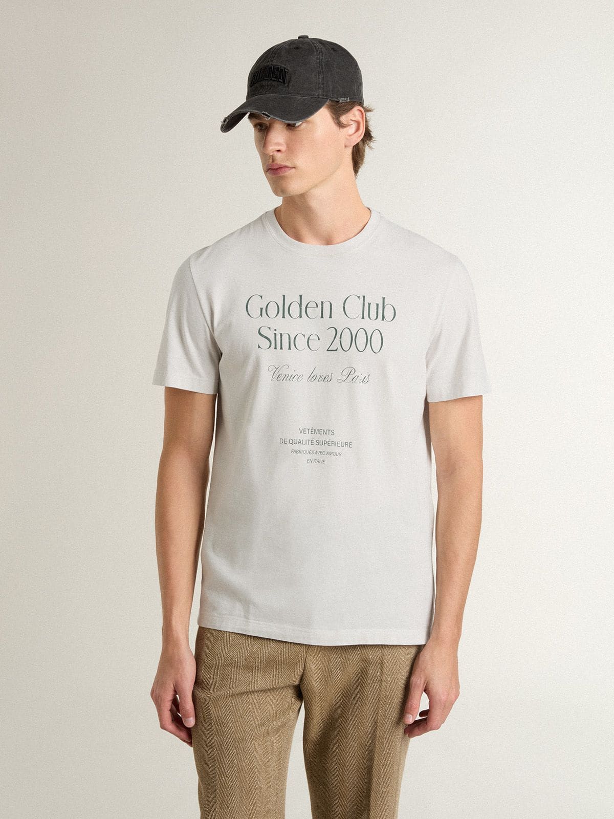 Men's white cotton T-shirt with green print