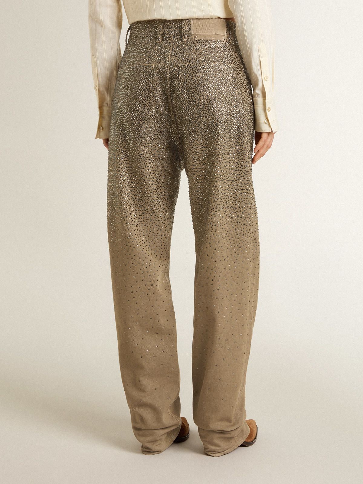 Women's khaki cotton pants with gradient Swarovski effect