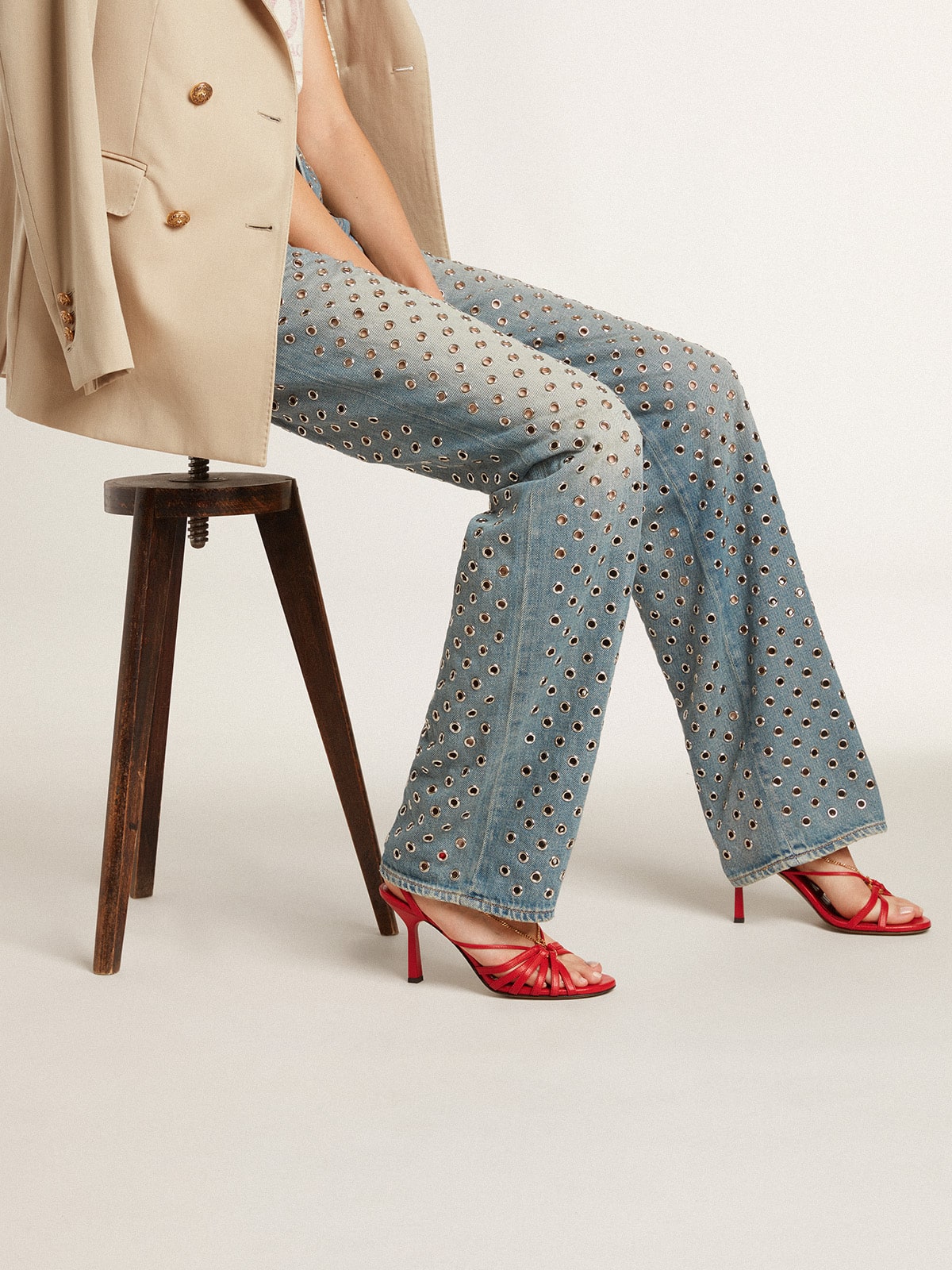 Nico high heel sandals in red nappa leather with gold chain