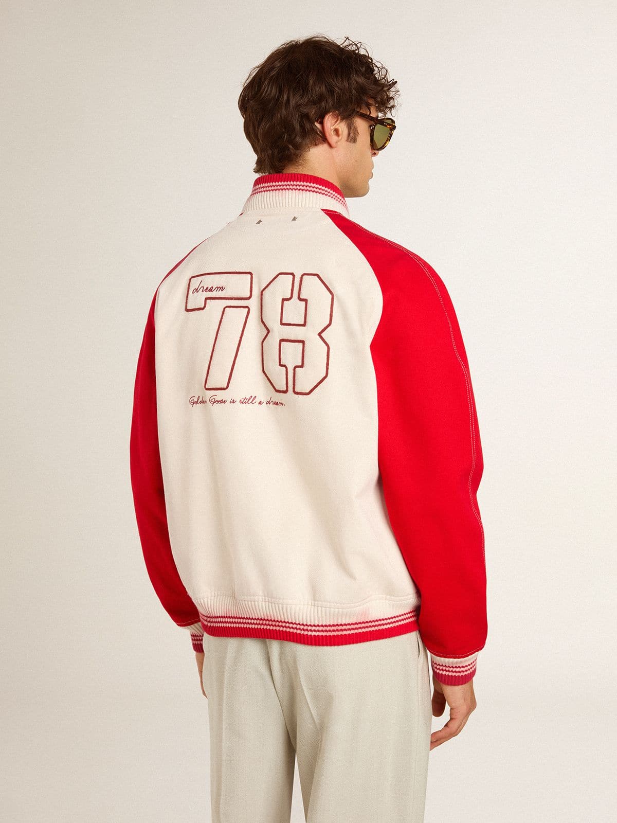 Bomber jacket in worn white and red with embroidery