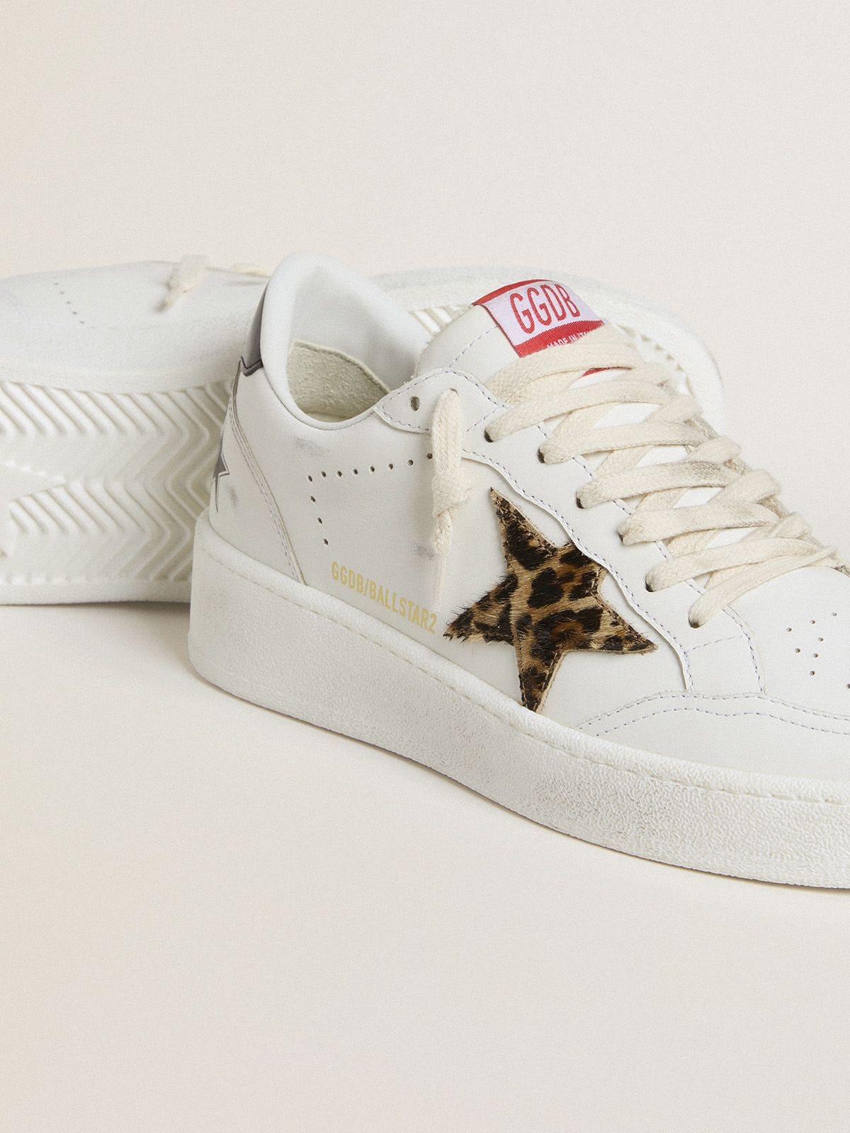 Ball Star with leopard pony skin star and black laminated leather heel tab