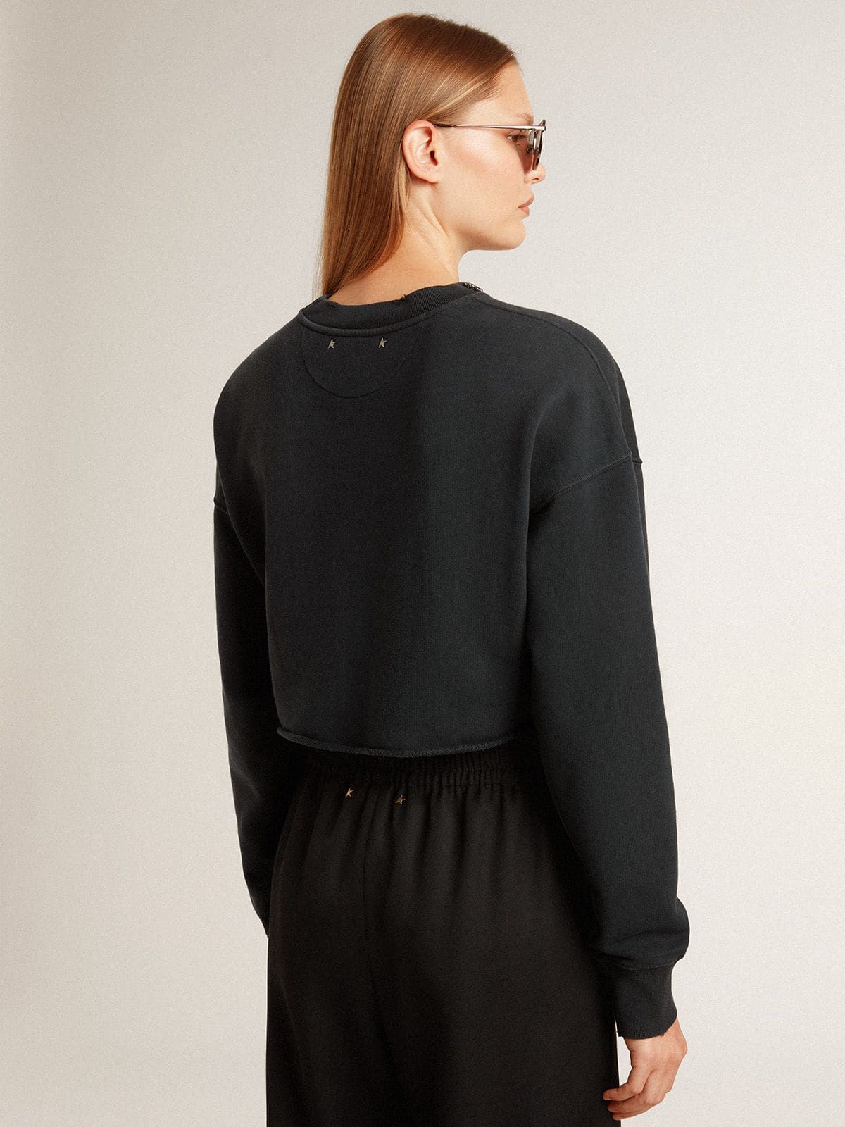 Women's cropped cotton sweatshirt with crystals on the front