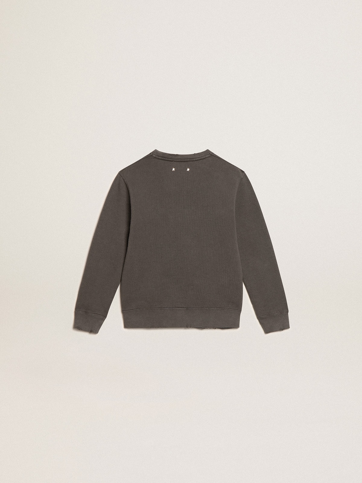 Distressed gray sweatshirt with crystal lettering