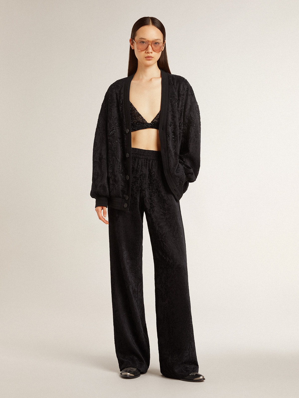 Women's black joggers with a tone-on-tone toile de jouy print