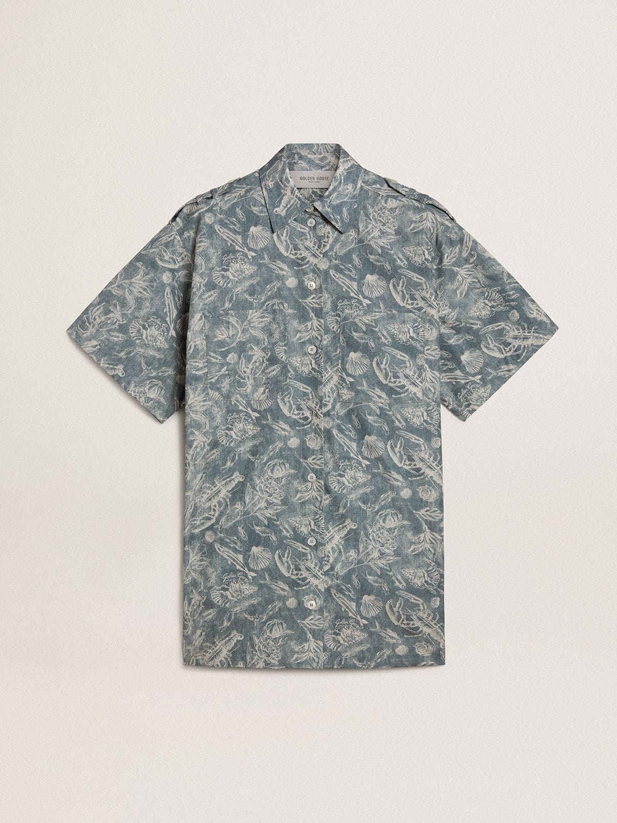 Women's short shirt dress in light blue cotton poplin with all-over marine print