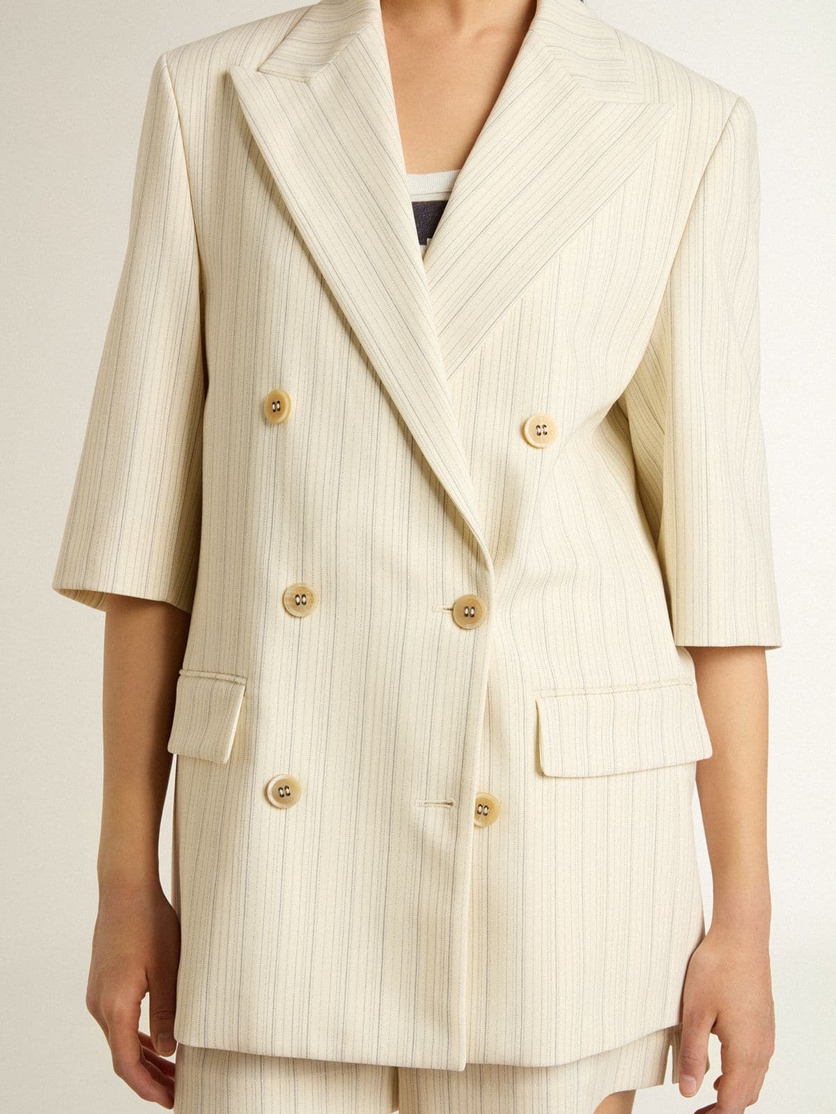 Women's blazer in white and gray pinstripe wool blend with short sleeves