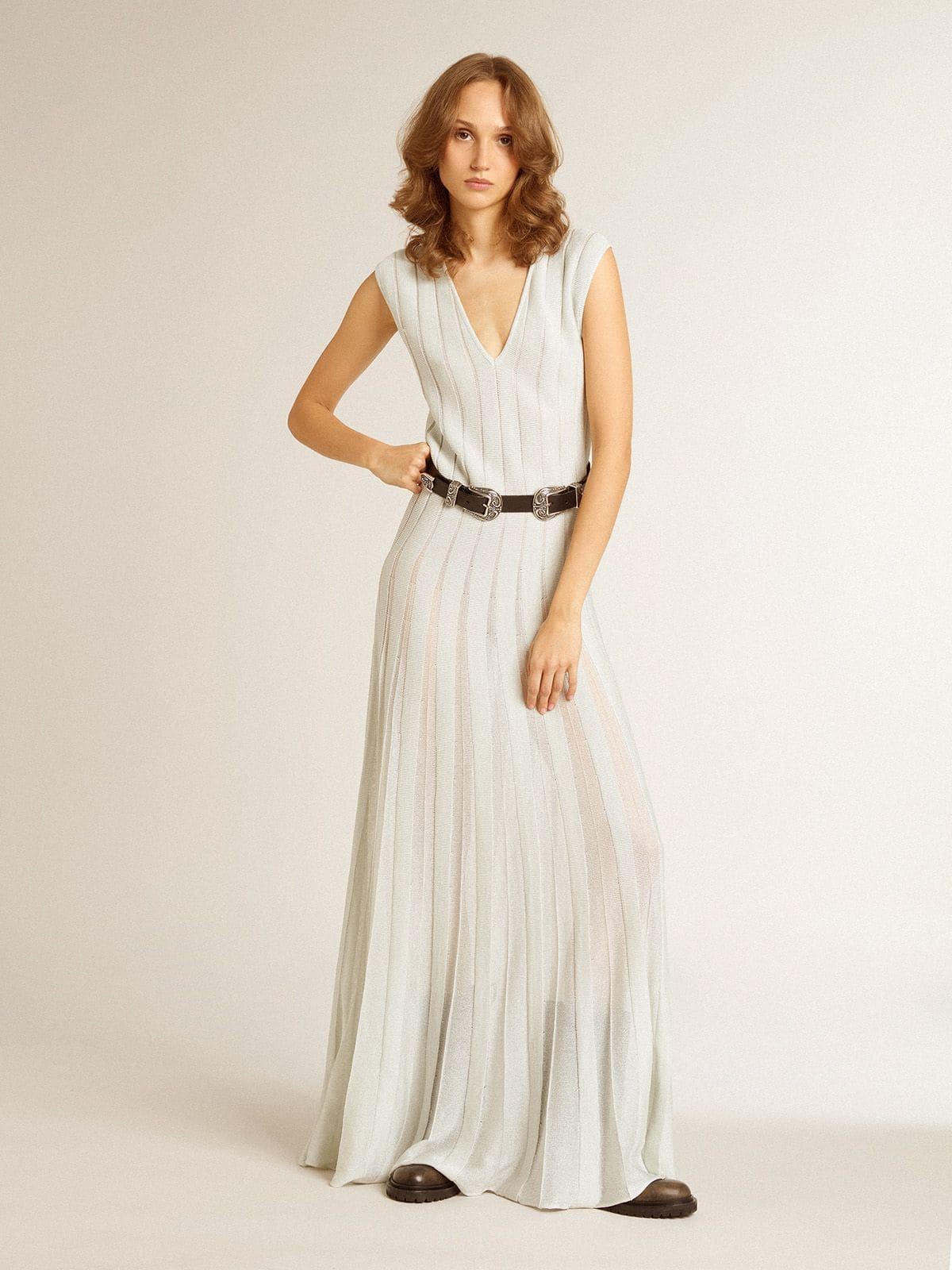 Women’s baby blue dress with vertical striped pattern