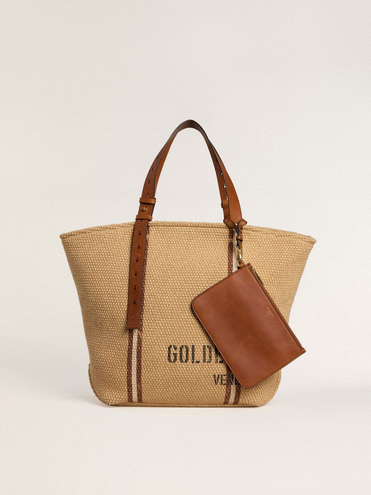 24.7 tote bag in natural raffia and brown leather with gold metallic details
