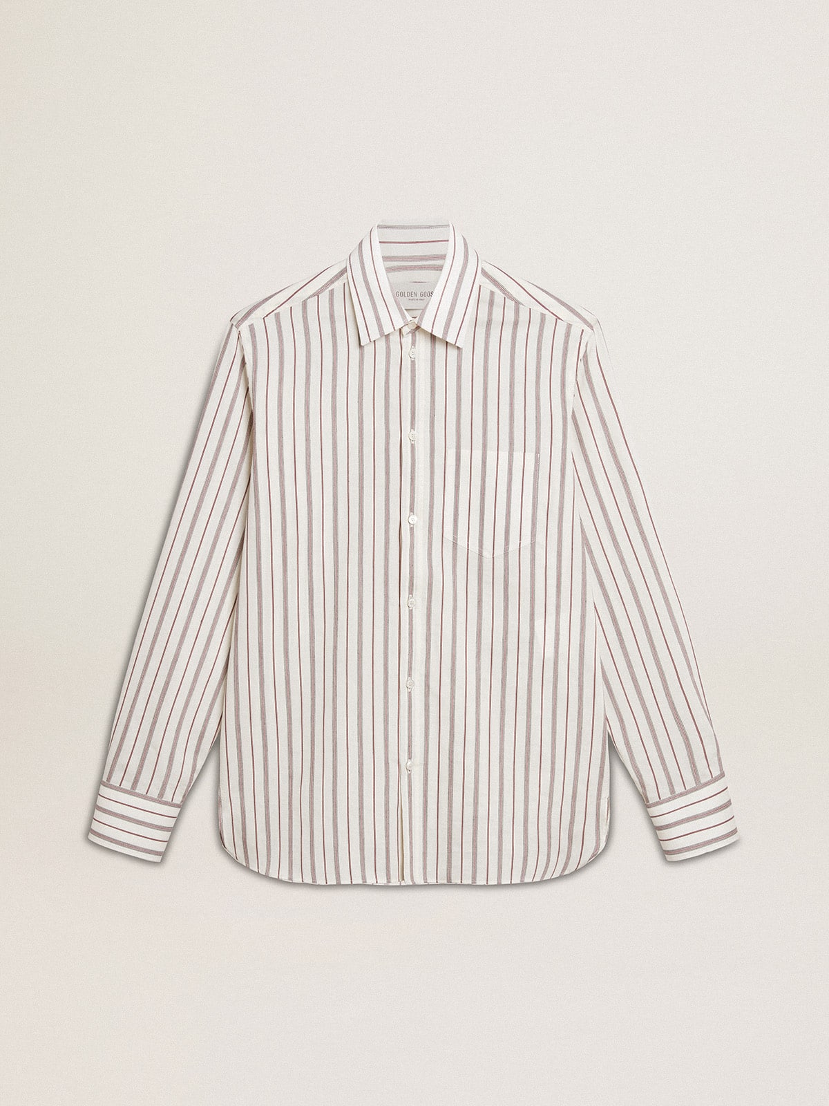 Men's white cotton shirt with fine burgundy stripes