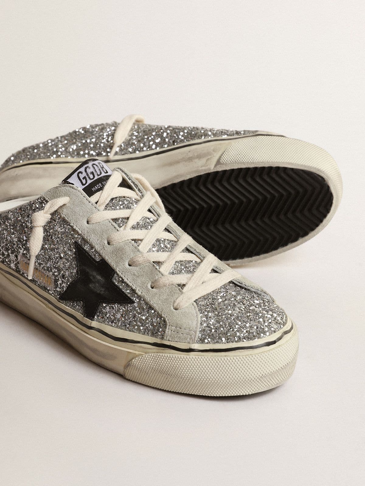 Women's Super-Star Sabot in silver glitter with black leather star