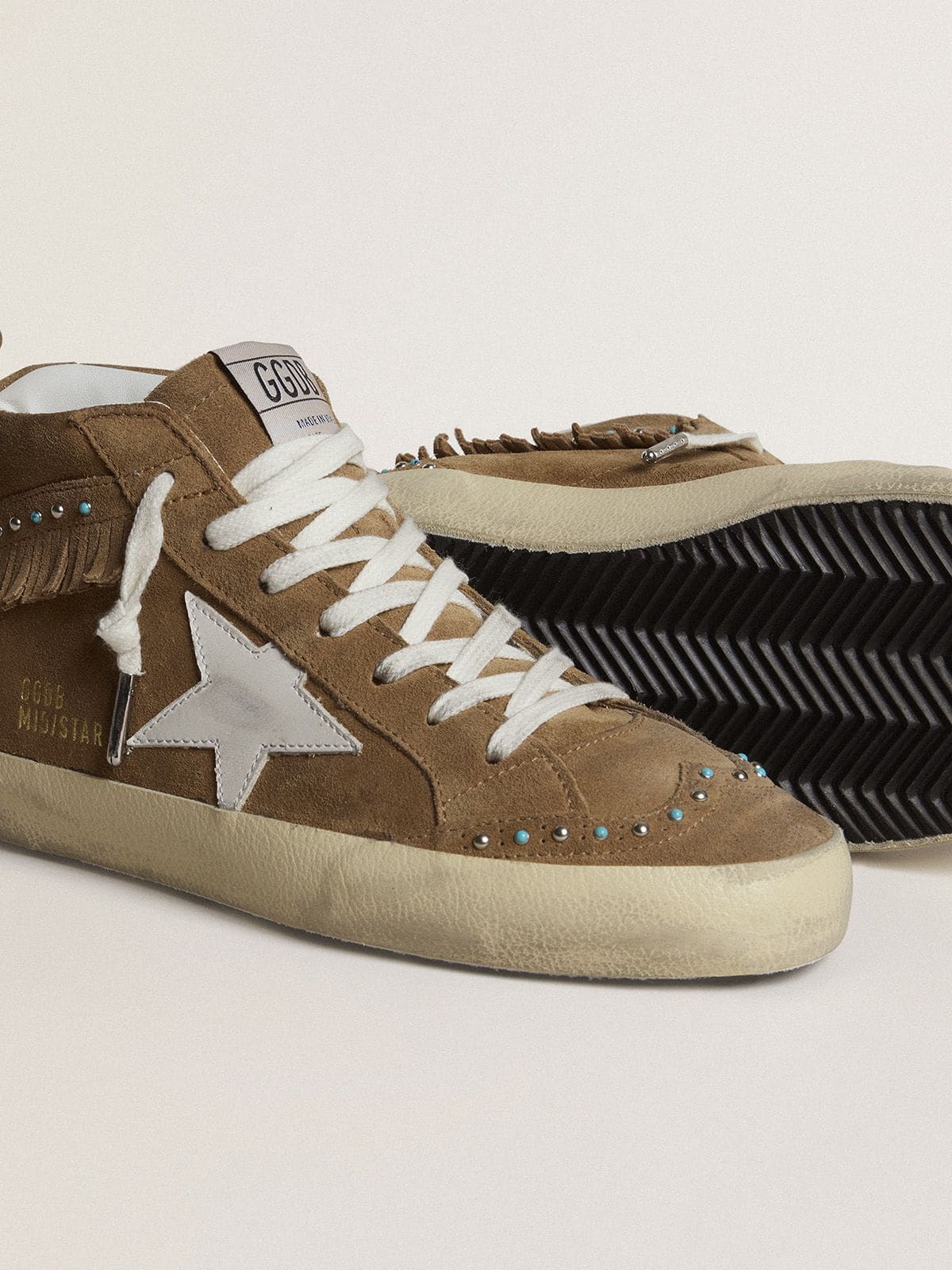 Women's Mid Star in tobacco suede with fringing and studs