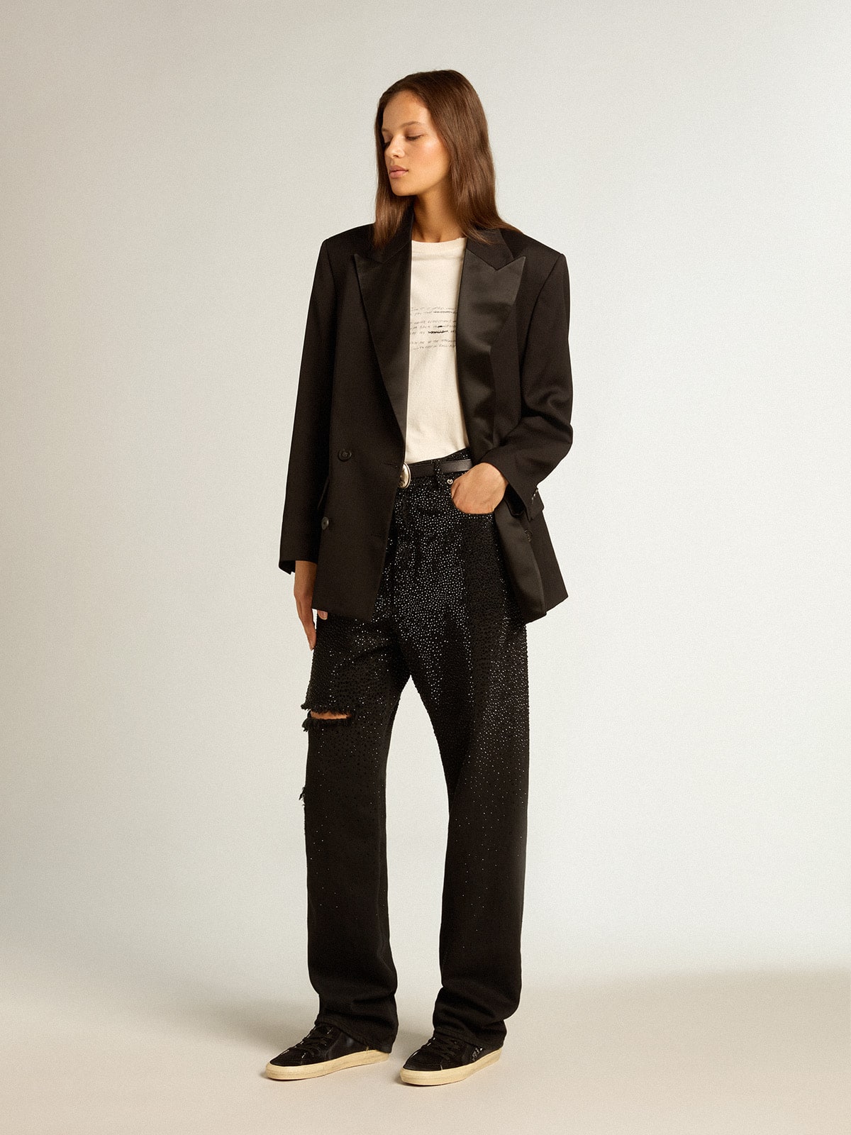 Women’s cotton denim pants with shaded-effect crystal decoration